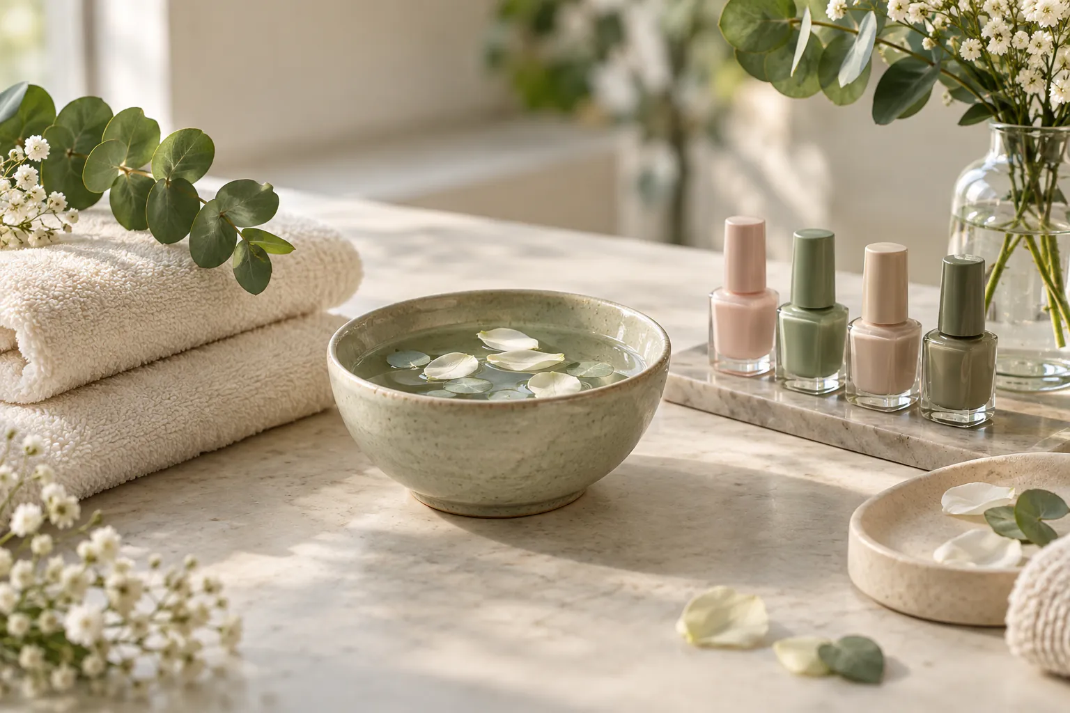 Manicure table with folded towels, polish bottles and eucalyptus