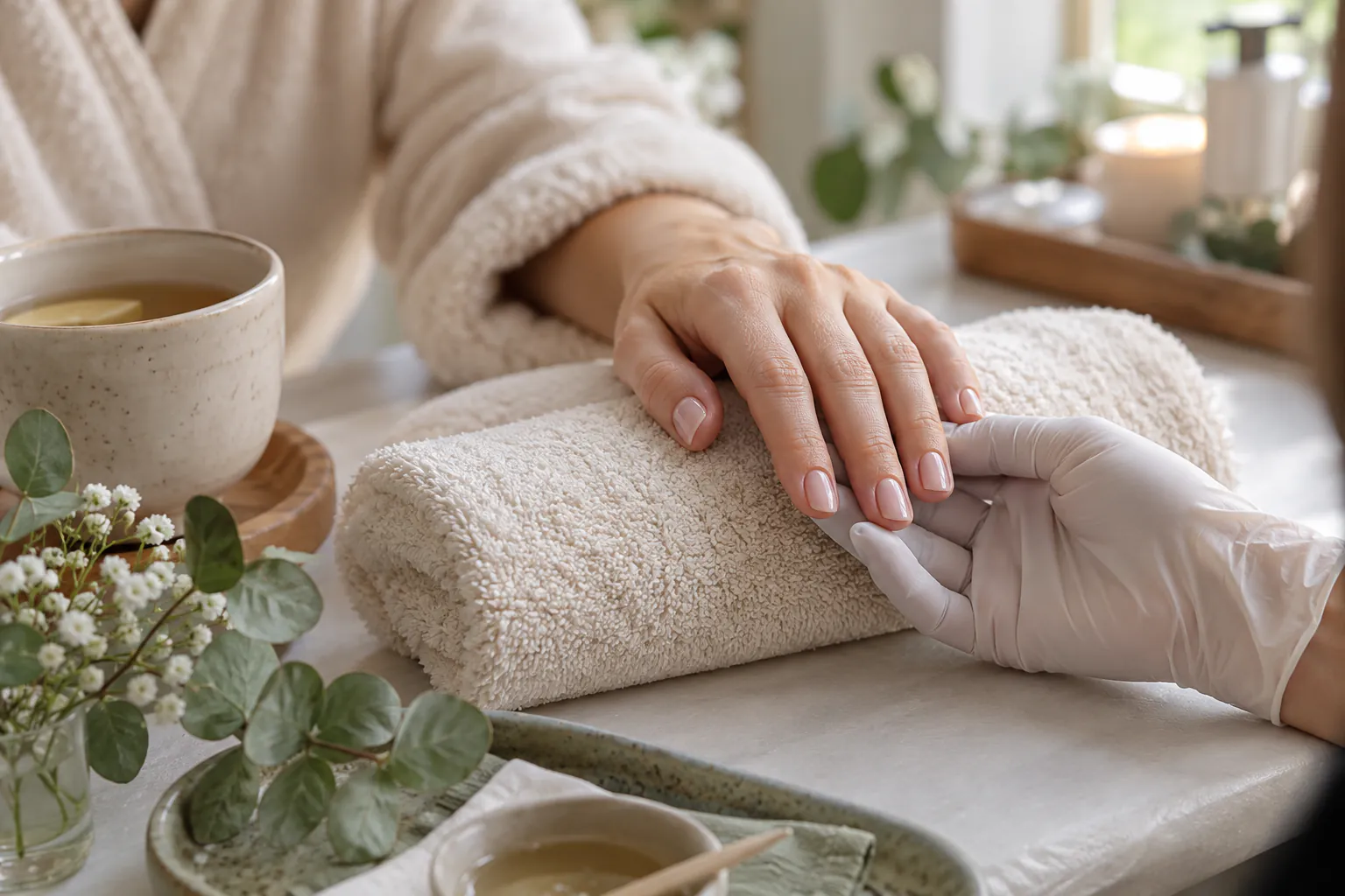 Nail technician checking a client's fresh nude manicure