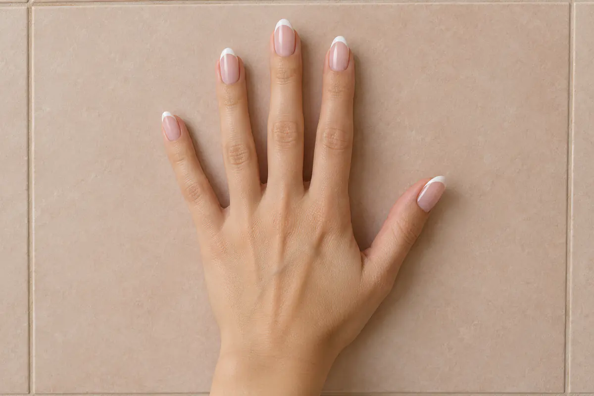 Short almond nail style idea with classic white French tips