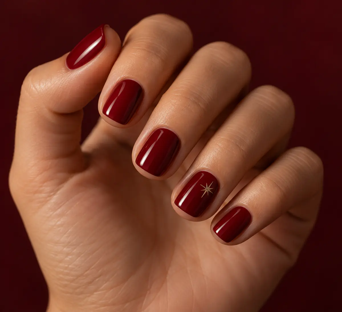 Short deep red birthday nail style idea with a small gold star on one nail