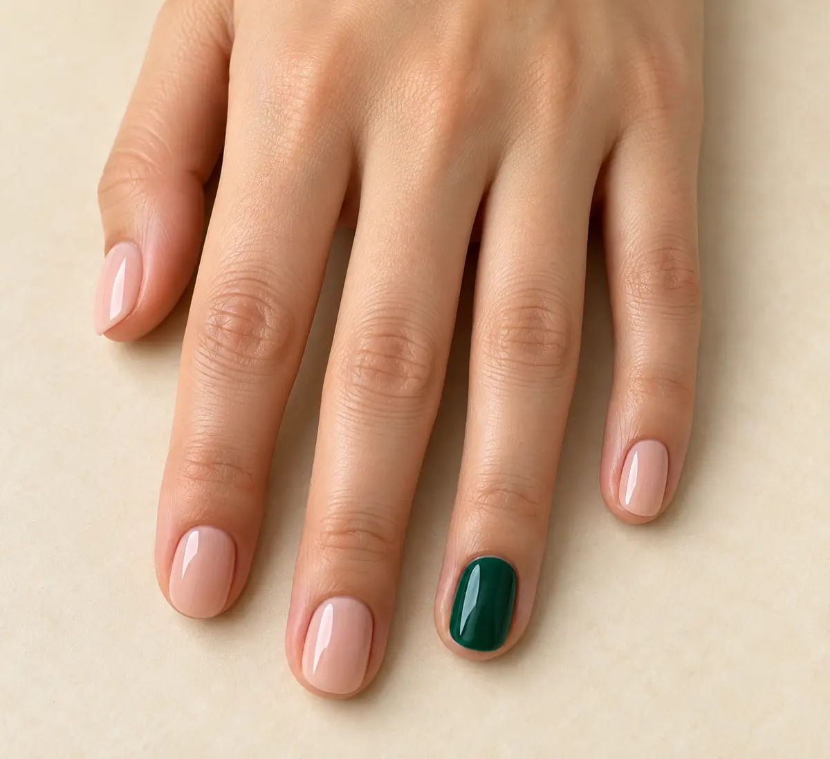 Short pale pink birthday nail style idea with one emerald green accent nail
