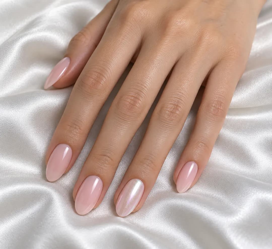 Almond sheer pink bridal nail style idea with one pearly accent nail