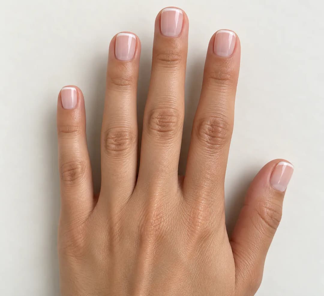 Short pale pink nail style idea with thin white French tips