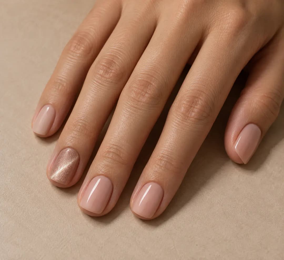 Short nude nail style idea with one rose gold shimmer accent nail
